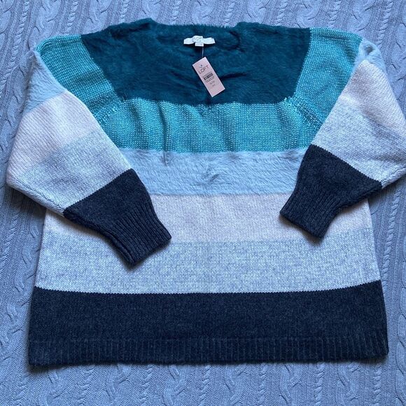 LOFT PLUS Knitted Wide Striped Crewneck Wool Blend Sweater - Picture 1 of 7